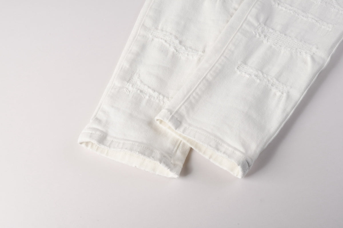 Men's Distressed White Beige Skinny Jeans with Ripped Holes & Button Fly