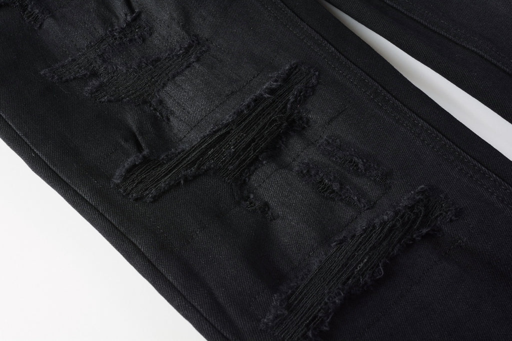 Men's Black Heavy Distressed Bandana Patch Skinny Jeans - Stretch Denim