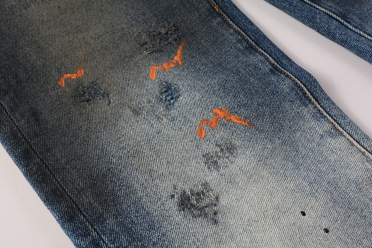 Men's High Street Distressed Blue Painted Dirty Slim Fit Ripped Jeans