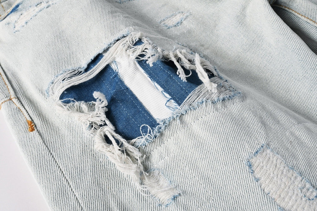 Men's Wide Leg Distressed Blue Jeans with Bandanna Patchwork, Ripped Holes & Button Fly