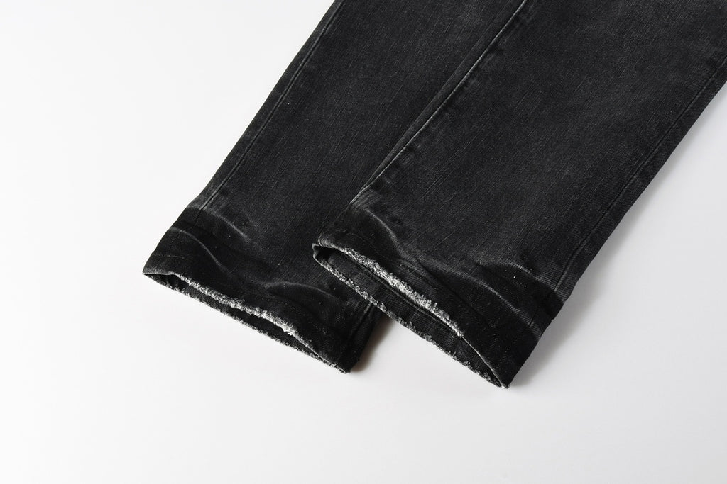 Men's Distressed Black Gray Skinny Jeans with Patchwork, Ripped Holes & Button Fly