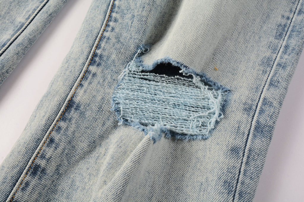 Men's Distressed Light Indigo Skinny Jeans with Ripped Holes & Button Fly