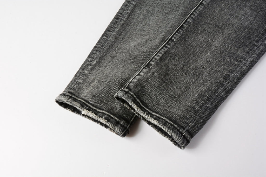 Men's Distressed Ash Gray Skinny Jeans with Ripped Holes & Button Fly