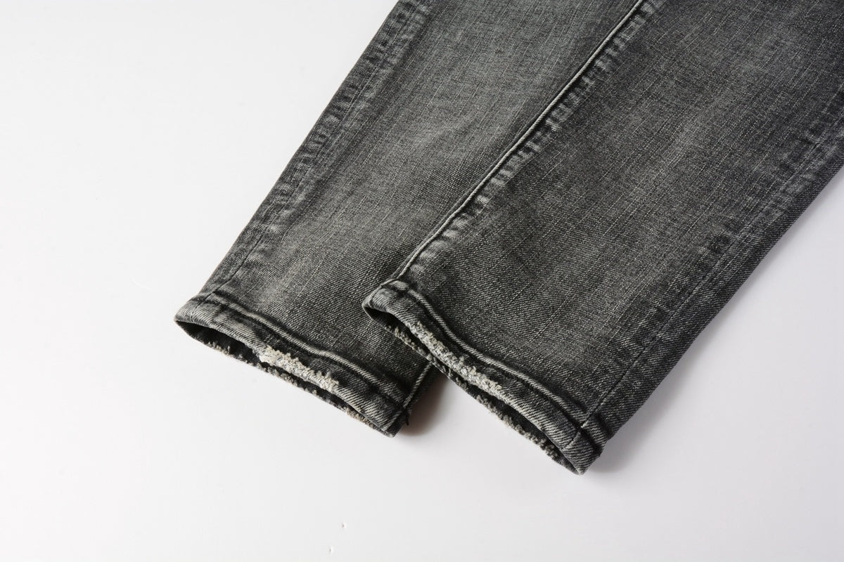 Men's Distressed Ash Gray Skinny Jeans with Ripped Holes & Button Fly