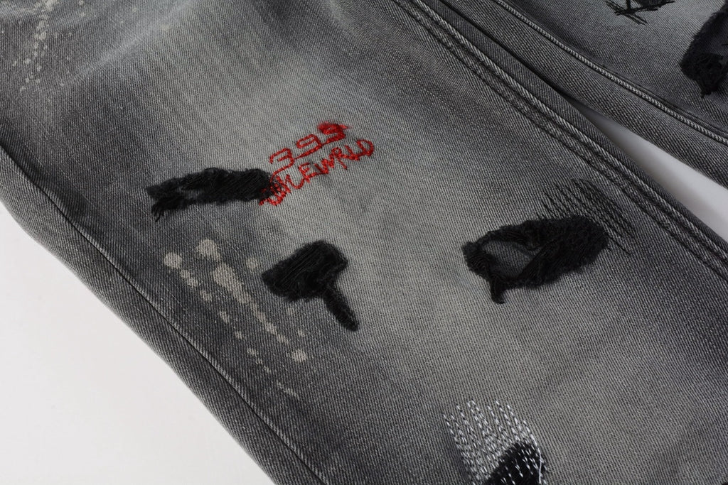 Men's Grey Wash Embroidered Distressed Skinny Jeans - Stretch Denim
