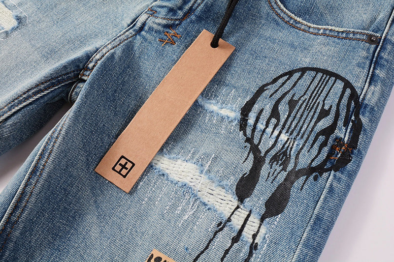 Men’s Ksubi Style Light Blue Patchwork Distressed Skinny Jeans Streetwear Denim
