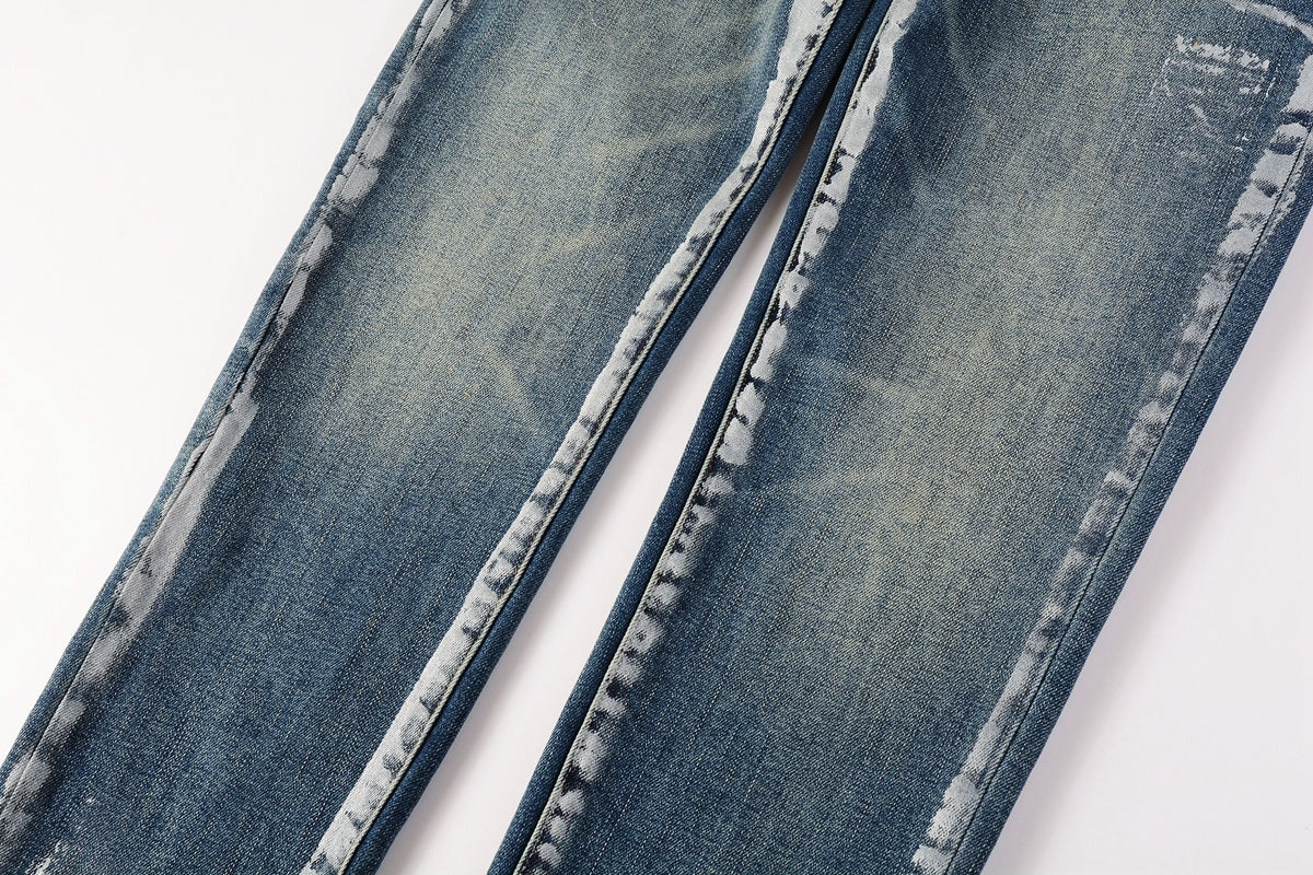 Men's Streetwear Slim Fit Distressed Classical Blue Graffiti Stretch Jeans