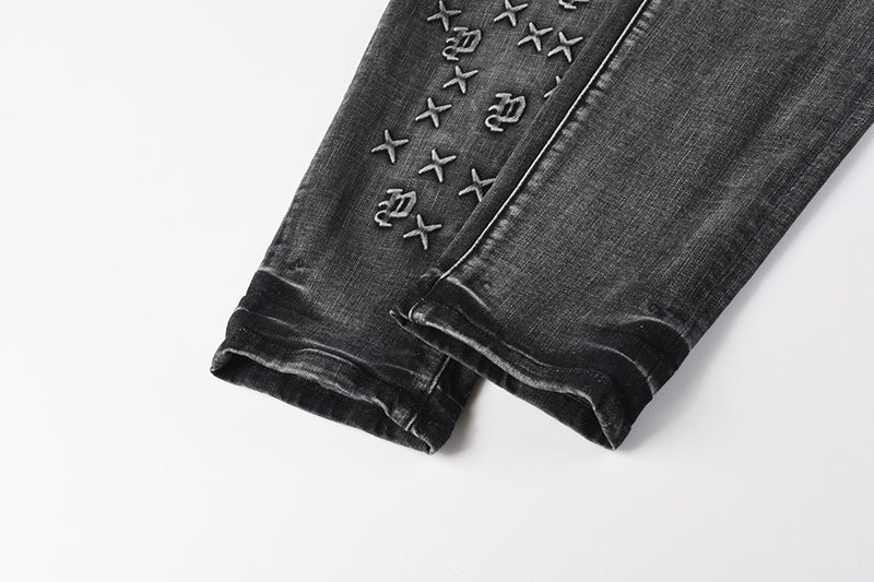 Men's Black Washed Embroidered Cross & Logo Skinny Jeans | Streetwear Slim Fit Denim Pants