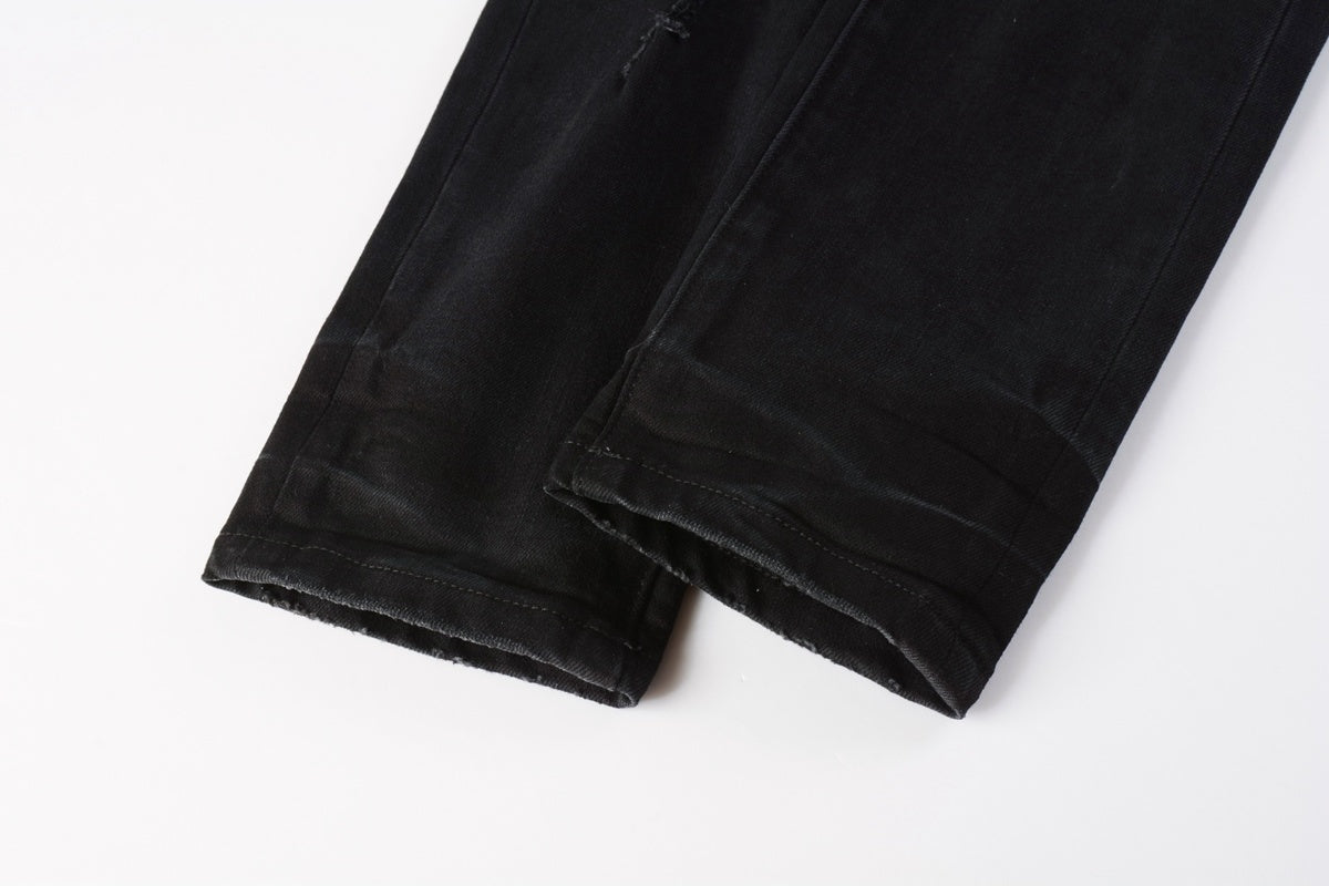 Men's Distressed Black Skinny Jeans with Ripped Holes & Button Fly