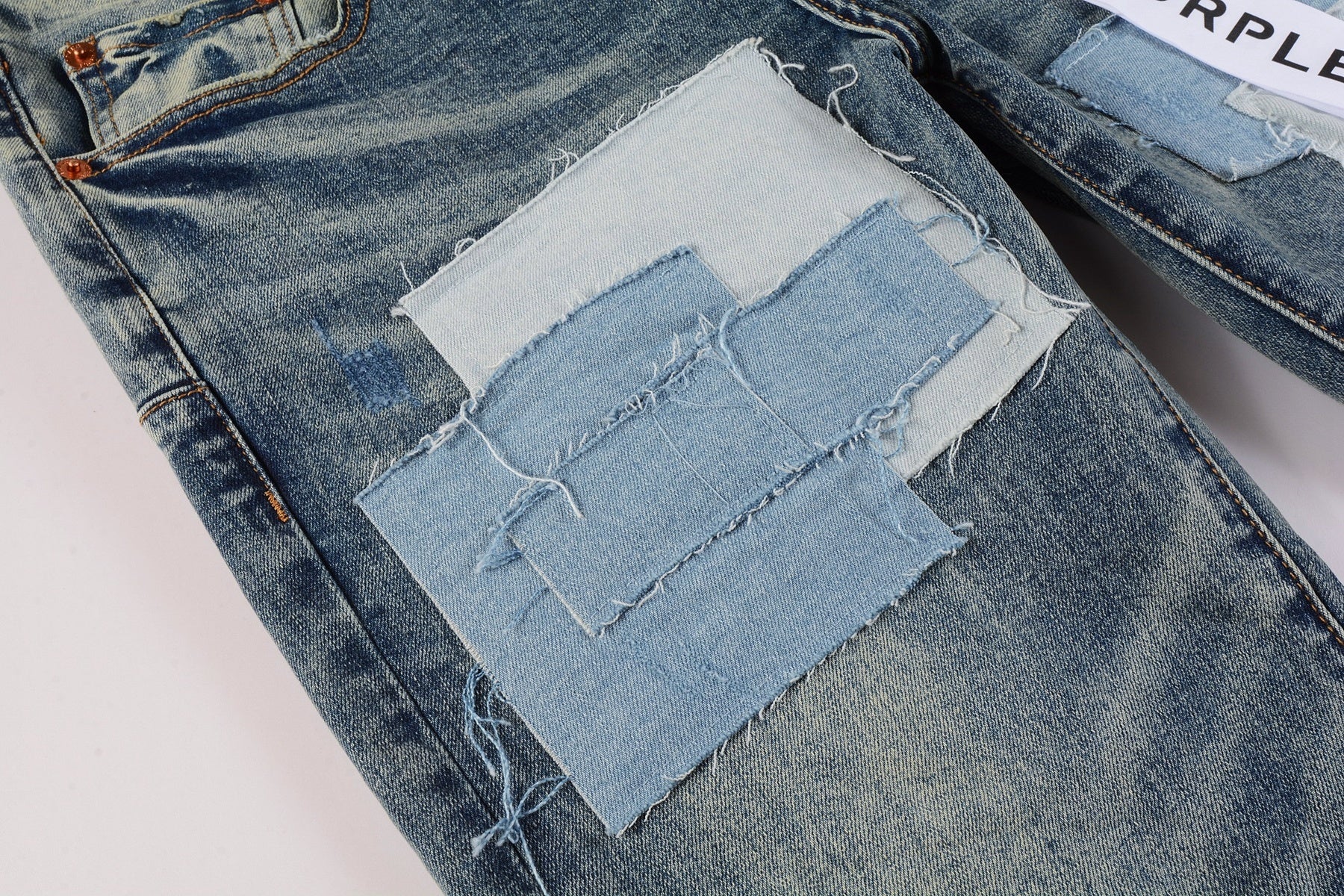 Men's Distressed Light Blue Patchwork Stretch Slim Fit Ripped Denim Jeans