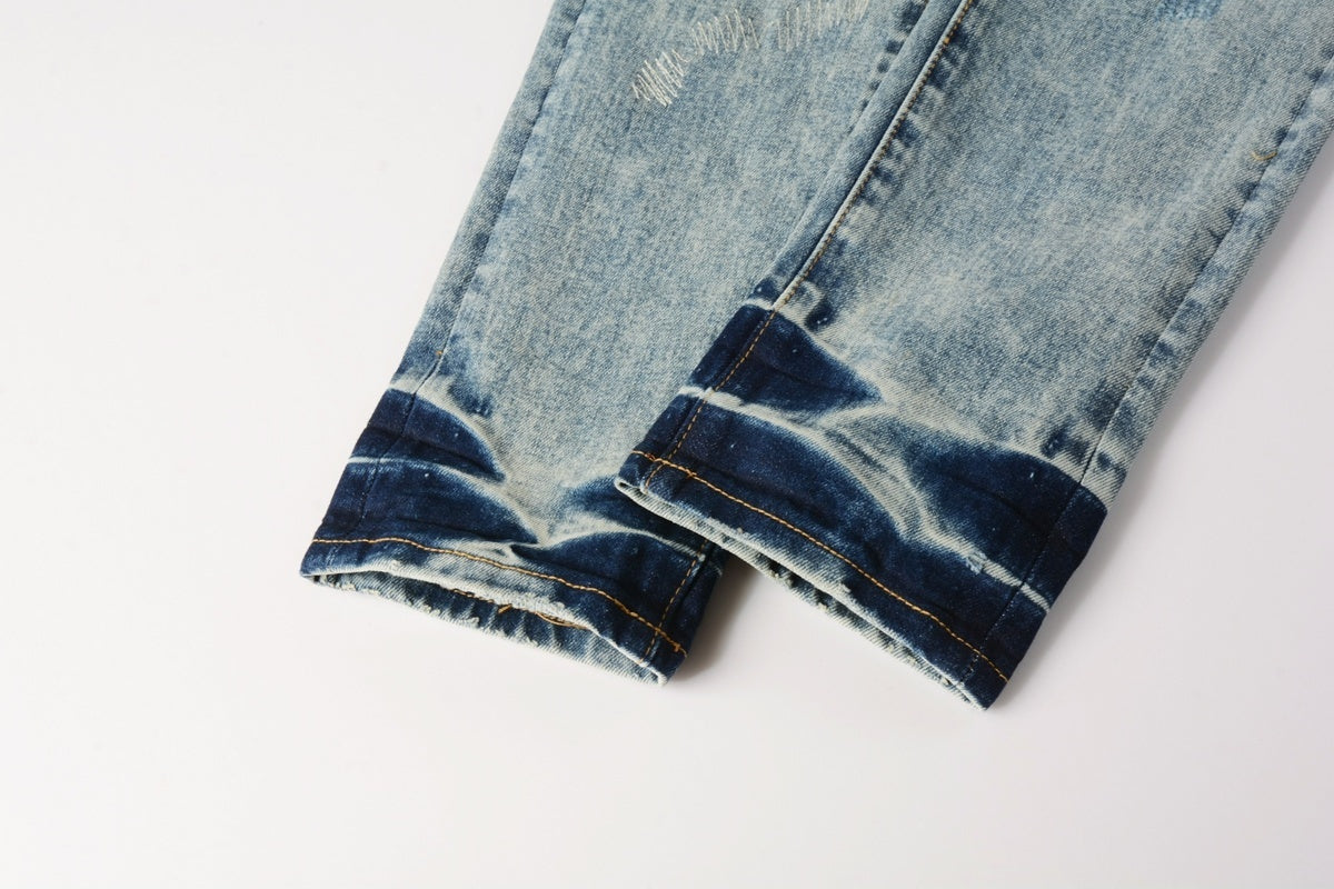Men's Distressed Light Blue Slim Fit Patchwork Skinny Jeans with Ripped Holes & Button Fly