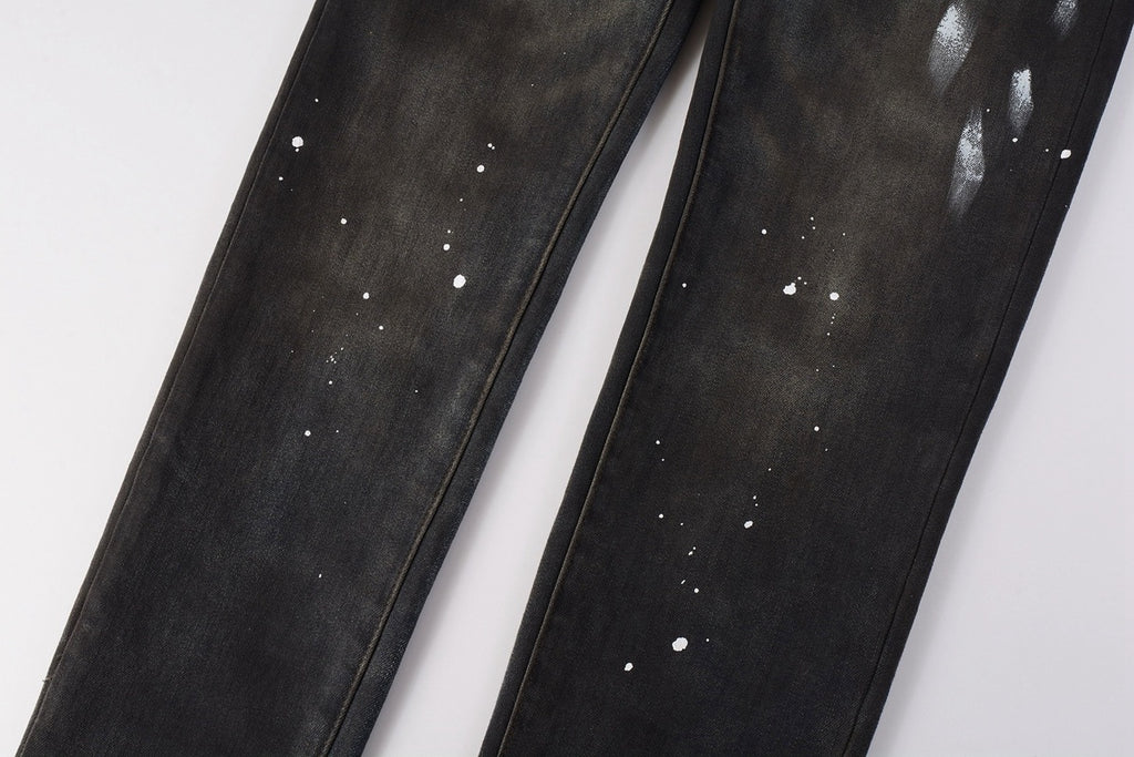 Men's High Street Distressed Black Spray Painted Stretch Slim Fit Ripped Jeans