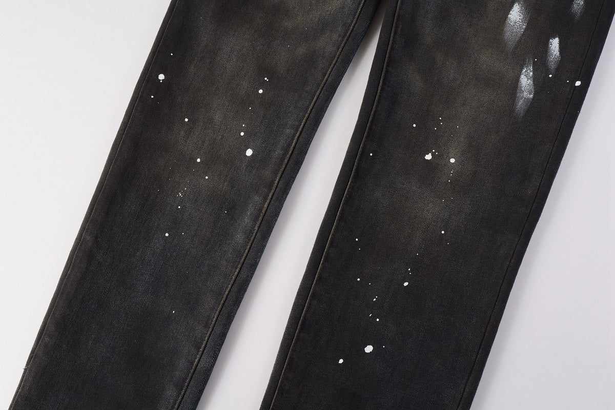 Men's High Street Distressed Black Spray Painted Stretch Slim Fit Ripped Jeans
