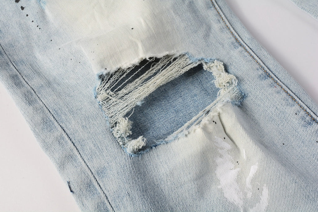 Men's High Street Washed Light Blue Distressed Damaged Holes Ripped Jeans