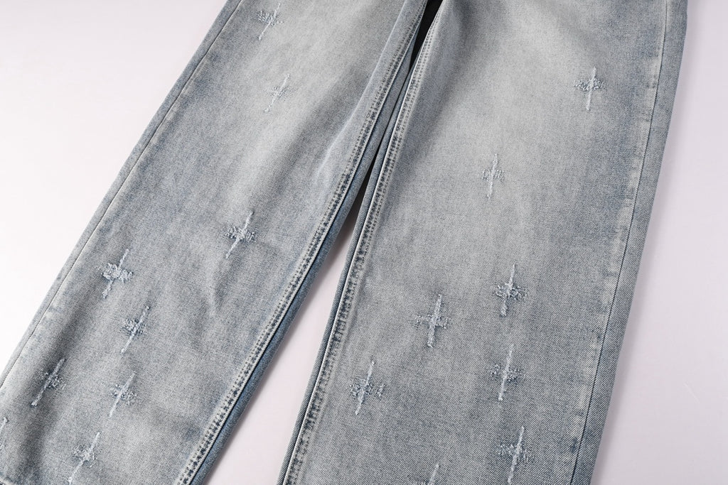 Men’s Light Wash Baggy Jeans - Cross Embroidered Loose Denim