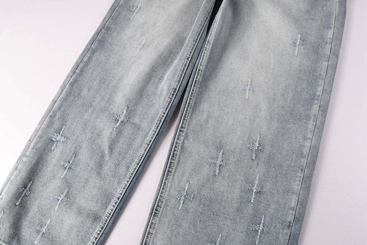 Men’s Light Wash Baggy Jeans - Cross Embroidered Loose Denim
