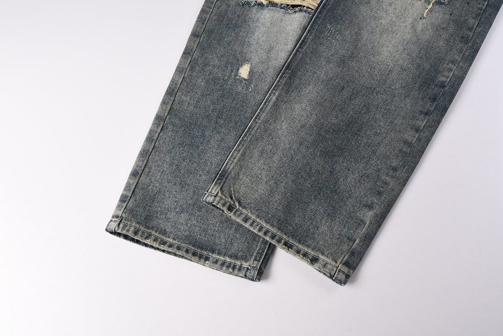 High Street Distressed Blue Rhinestones Baggy Jeans - Loose Ripped Jeans