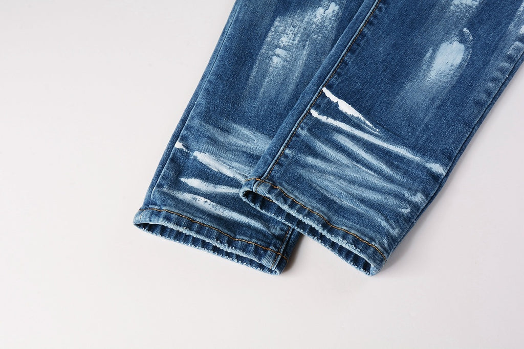 Men's High Street Distressed Classic Blue Graffiti Painted Stretch Skinny Ripped Jeans