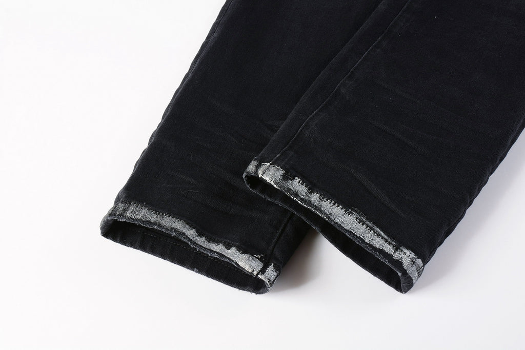 Men High Street Black Destroyed Holes Distressed Stretch Slim Fit Ripped Jeans