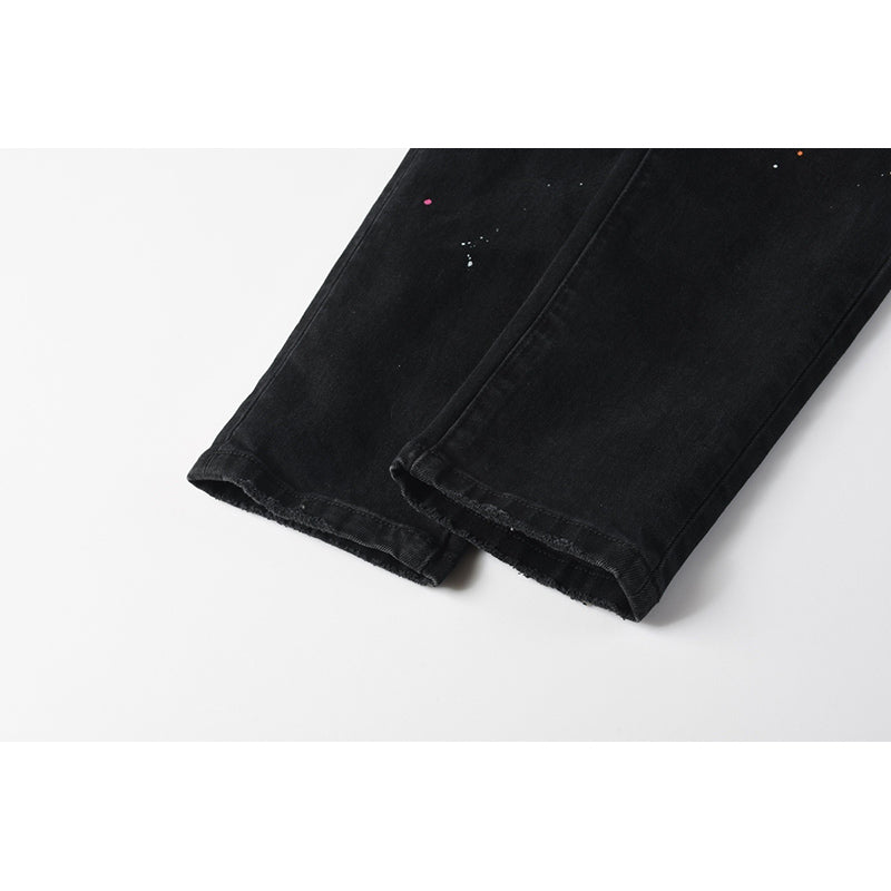 Men's Black Paint Splatter Distressed Skinny Jeans | Streetwear Ripped Slim Fit Denim Pants