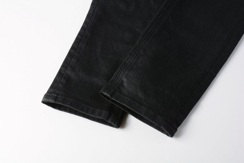 Men's Black Coated Embroidered Distressed Skinny Jeans - Stretch Denim