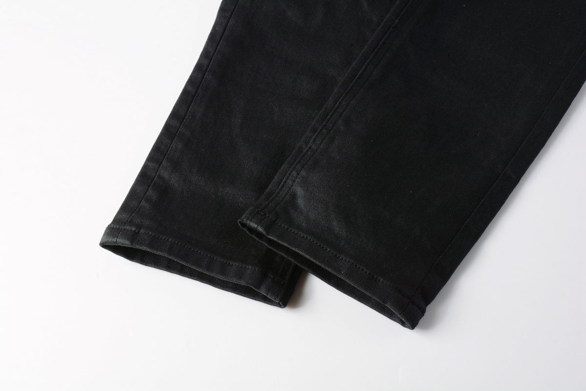 Men's Black Coated Embroidered Distressed Skinny Jeans - Stretch Denim