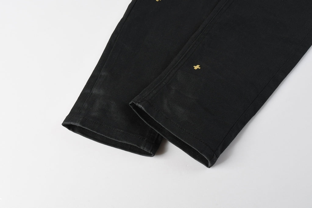 Men’s Black Waxed Skinny Jeans - Gold Studded Streetwear Denim