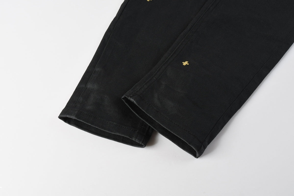 Men’s Black Waxed Skinny Jeans - Gold Studded Streetwear Denim