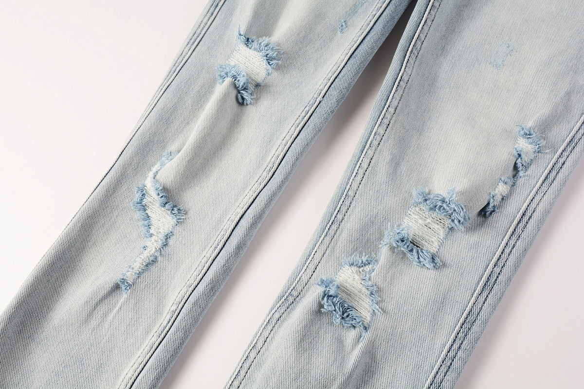 Men's Light Wash Distressed Skinny Jeans - Ripped Stretch Denim Pants