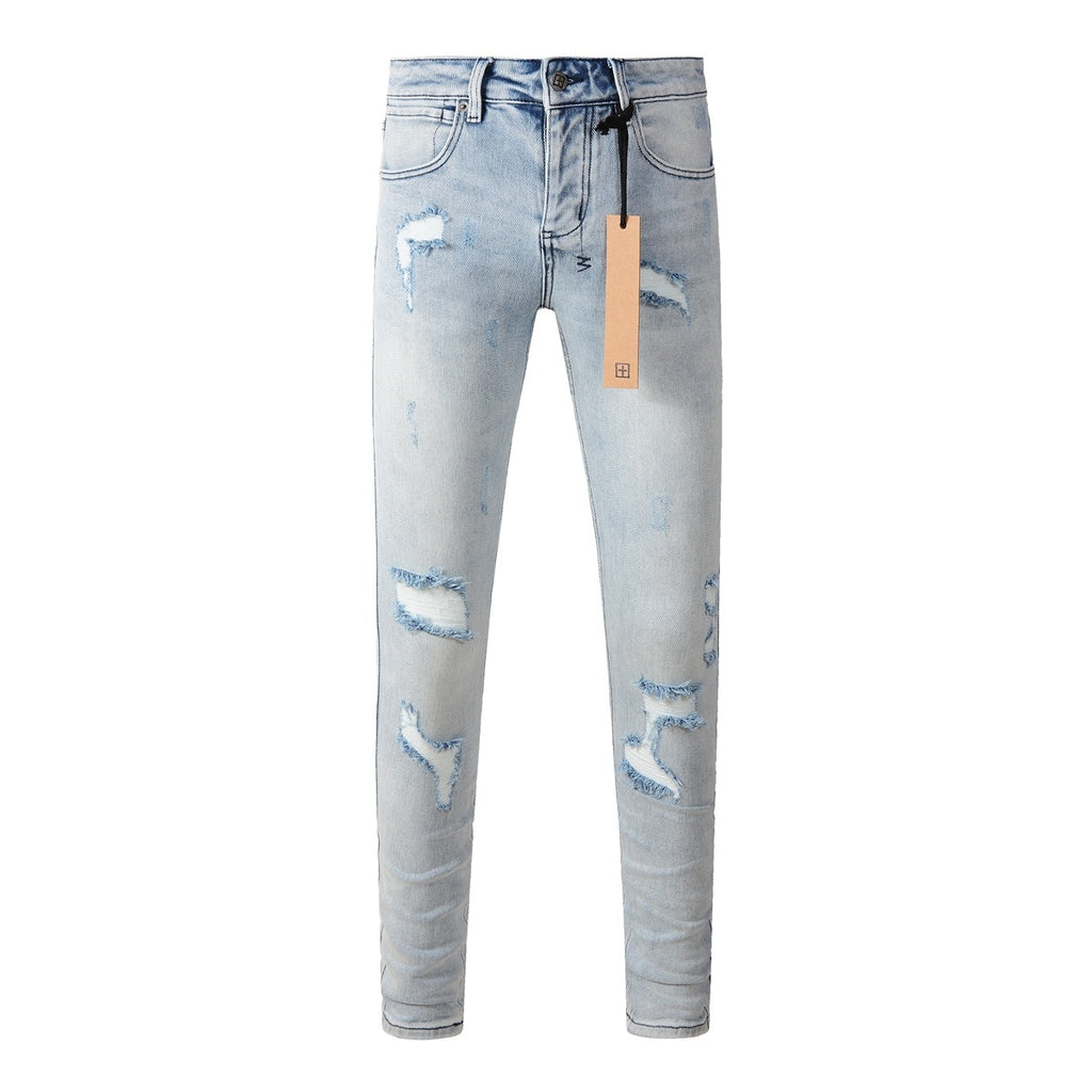 Men's Light Wash Distressed Skinny Jeans - Ripped Stretch Denim Pants