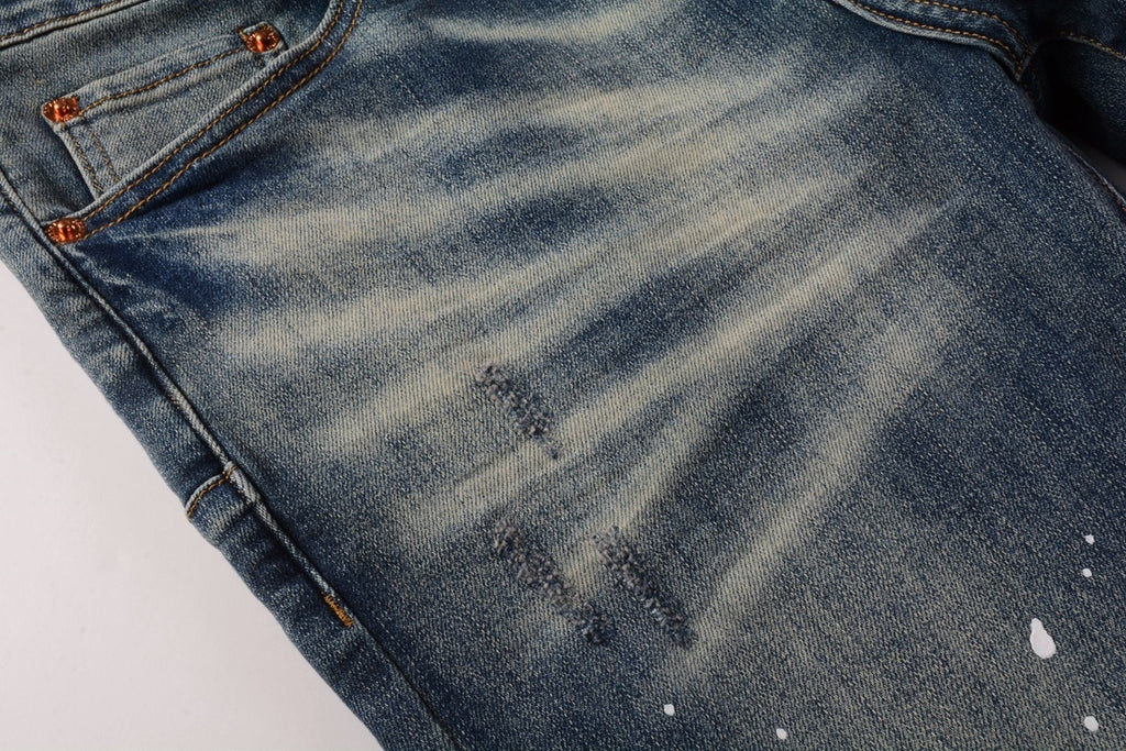 Men's Streetwear Classical Blue Distressed Bandanna Patchwork Stretch Slim Fit Ripped Jeans