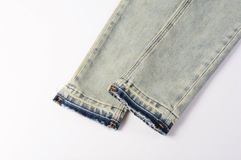 Men’s Vintage Light Wash Skull Print Skinny Jeans - Streetwear Denim Pants