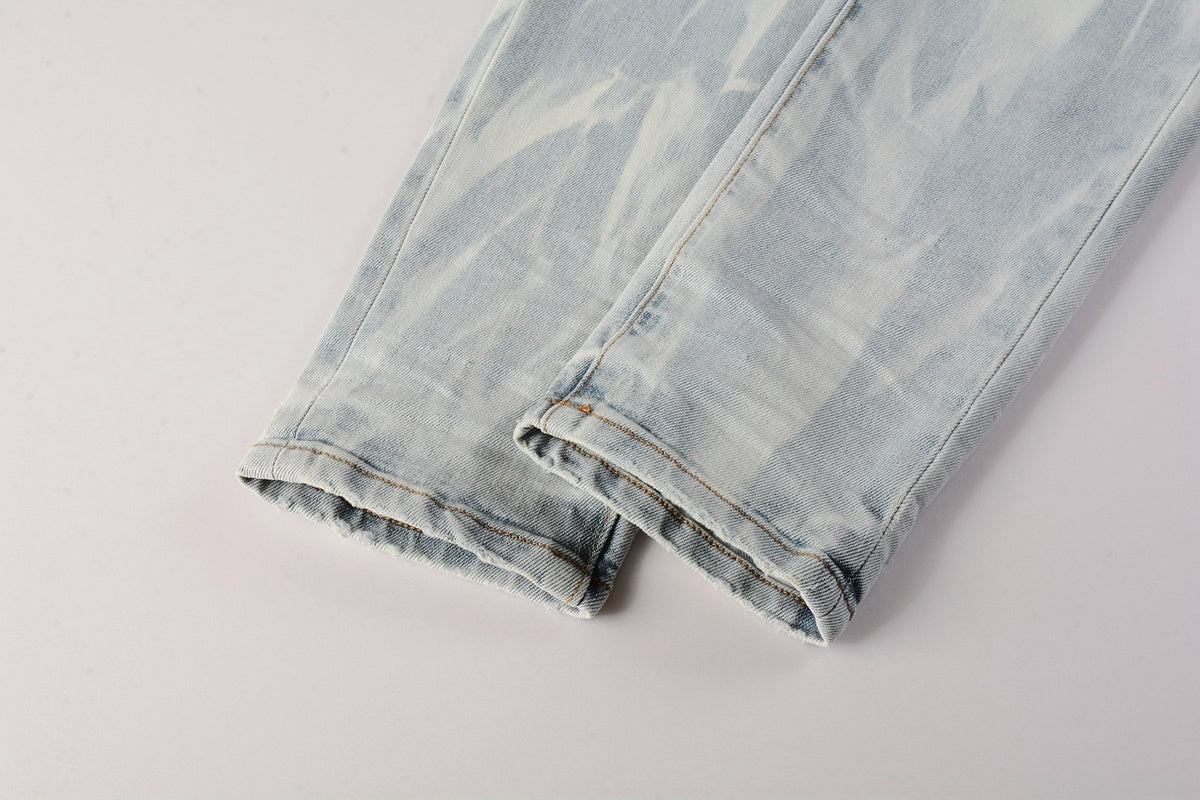 Men's High Street Distressed Washed Light Blue Stretch Slim Fit Ripped Jeans