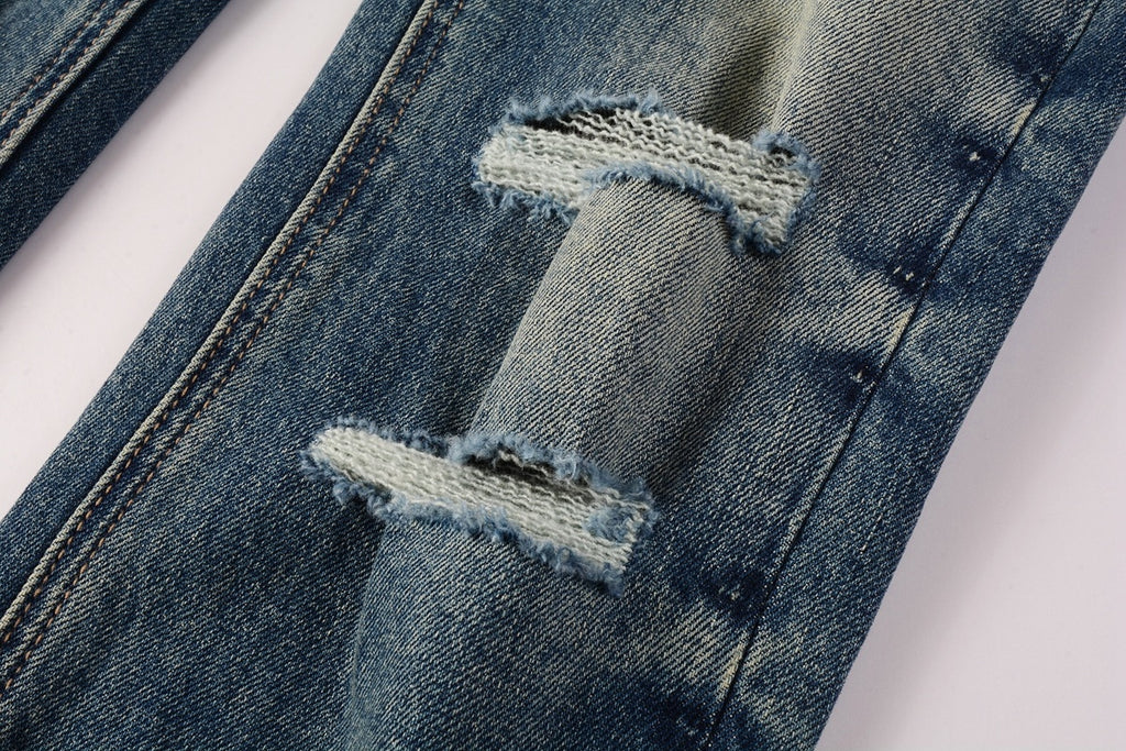 Men's Vintage Blue Multi-Rip Distressed Skinny Jeans - Stretch Denim