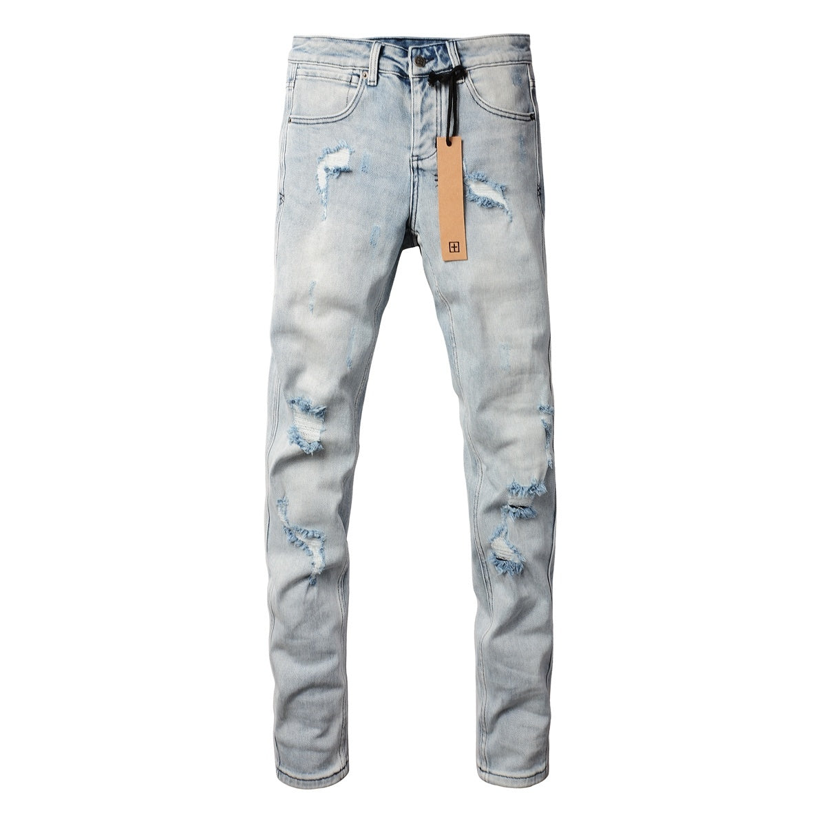 Men's Light Wash Distressed Skinny Jeans - Ripped Stretch Denim Pants