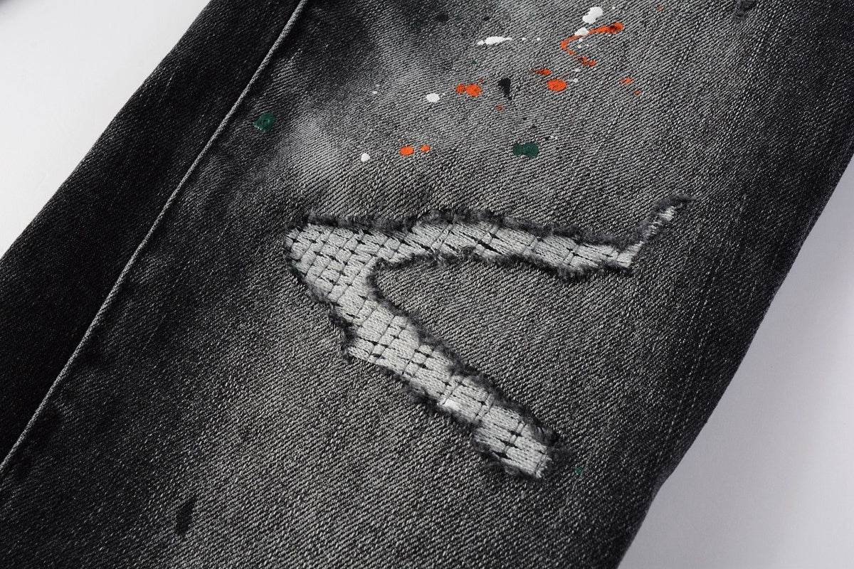 Men's High Street Distressed Black Gray Damaged Holes Spray Paint Stretch Slim Fit Ripped Jeans