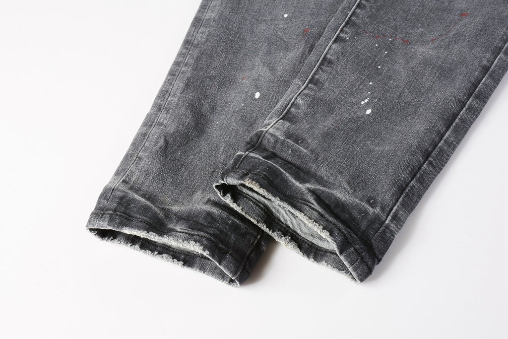 Men's Distressed Gray Graffiti Skinny Jeans with Ripped Holes & Button Fly