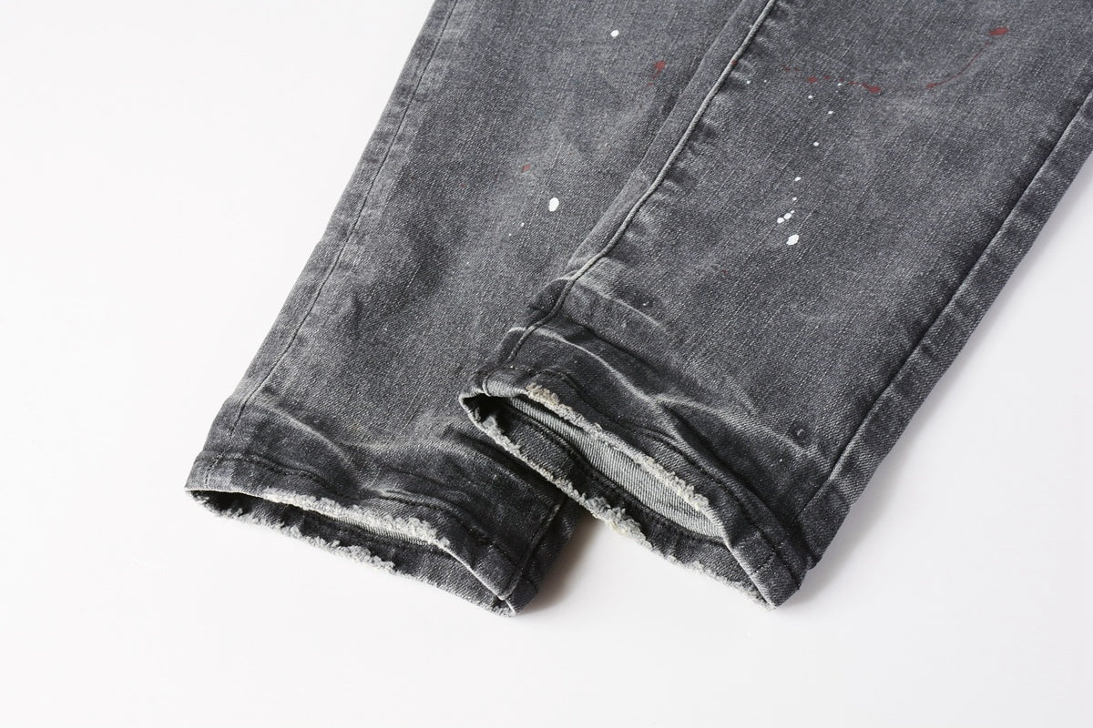 Men's Distressed Gray Graffiti Skinny Jeans with Ripped Holes & Button Fly