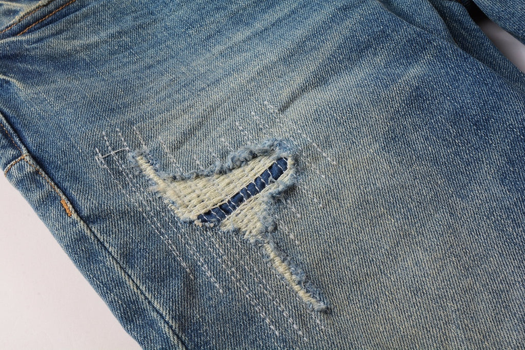 Men's Slim Fit Distressed Sea Blue Skinny Jeans with Button Fly & Ripped Detailing