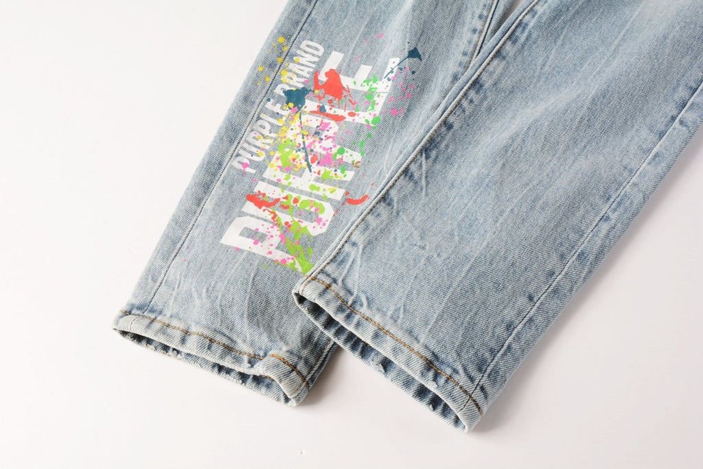 Men's Distressed Light Blue Skinny Jeans with Ripped Holes & Button Fly