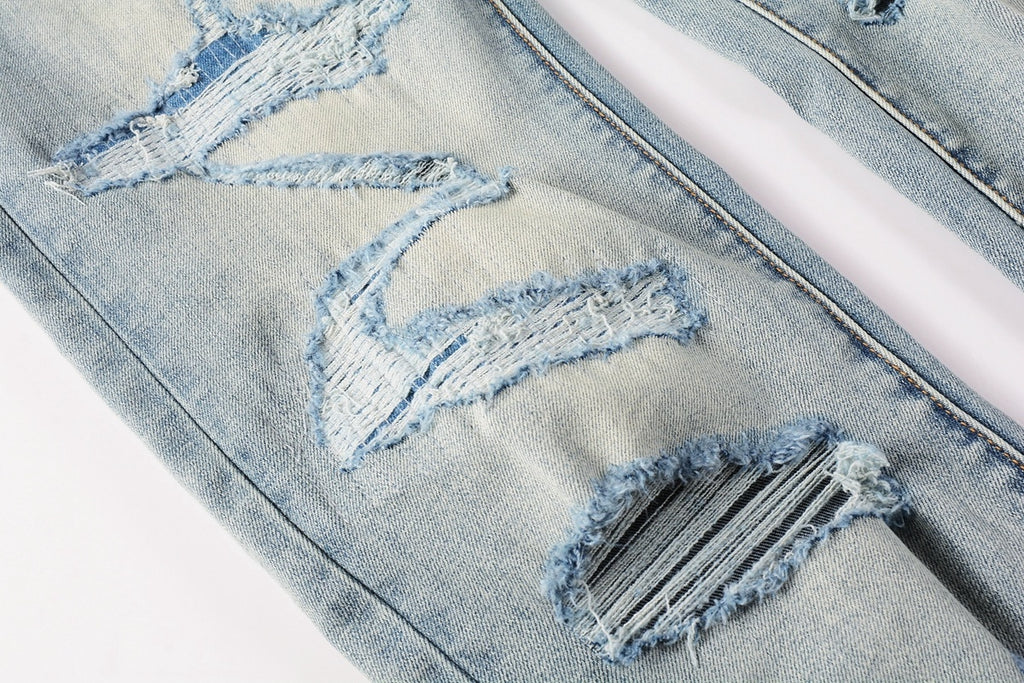 Men's Streetwear Slim Fit Distressed Light Blue Stretch Skinny Damaged Holes Raw Hems Ripped Jeans