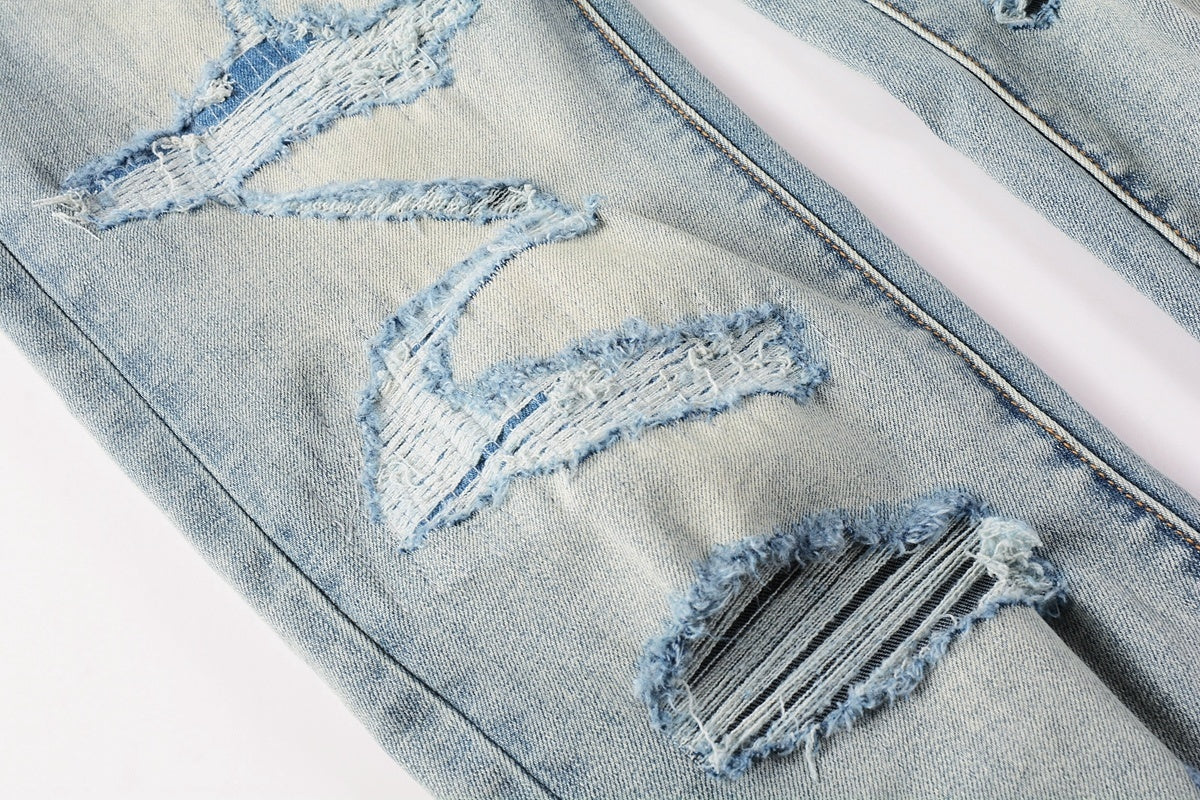 Men's Streetwear Slim Fit Distressed Light Blue Stretch Skinny Damaged Holes Raw Hems Ripped Jeans
