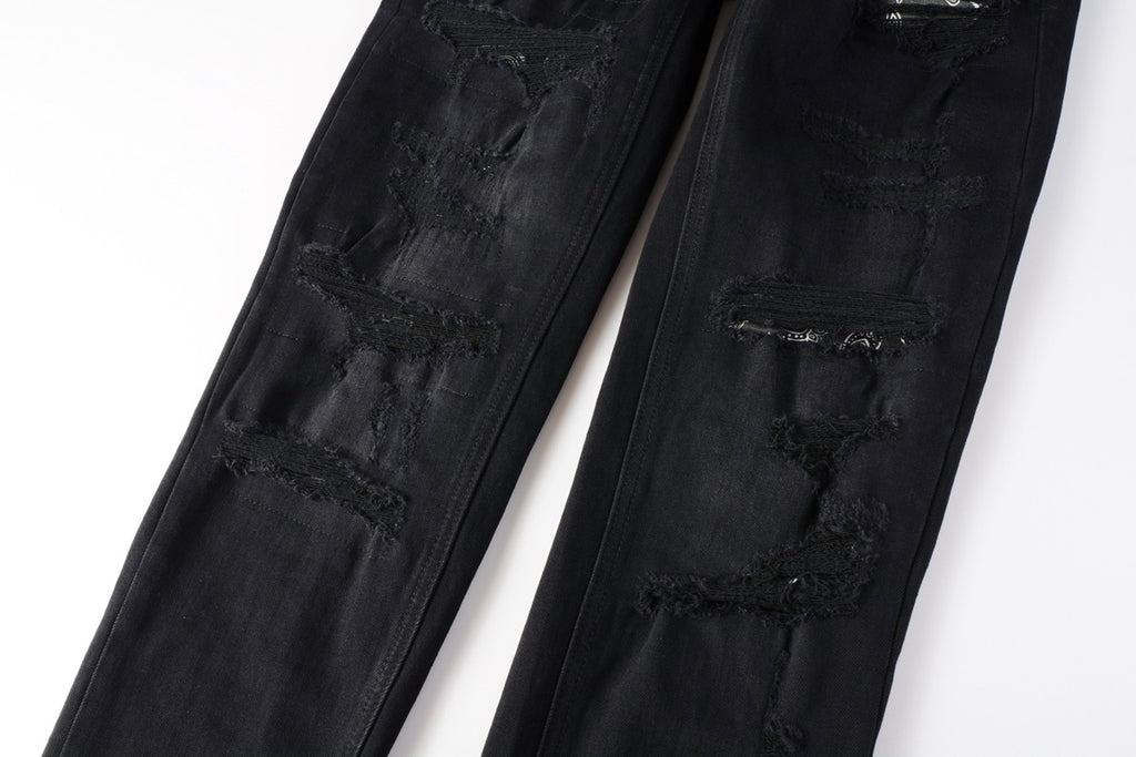 Men's Black Heavy Distressed Bandana Patch Skinny Jeans - Stretch Denim