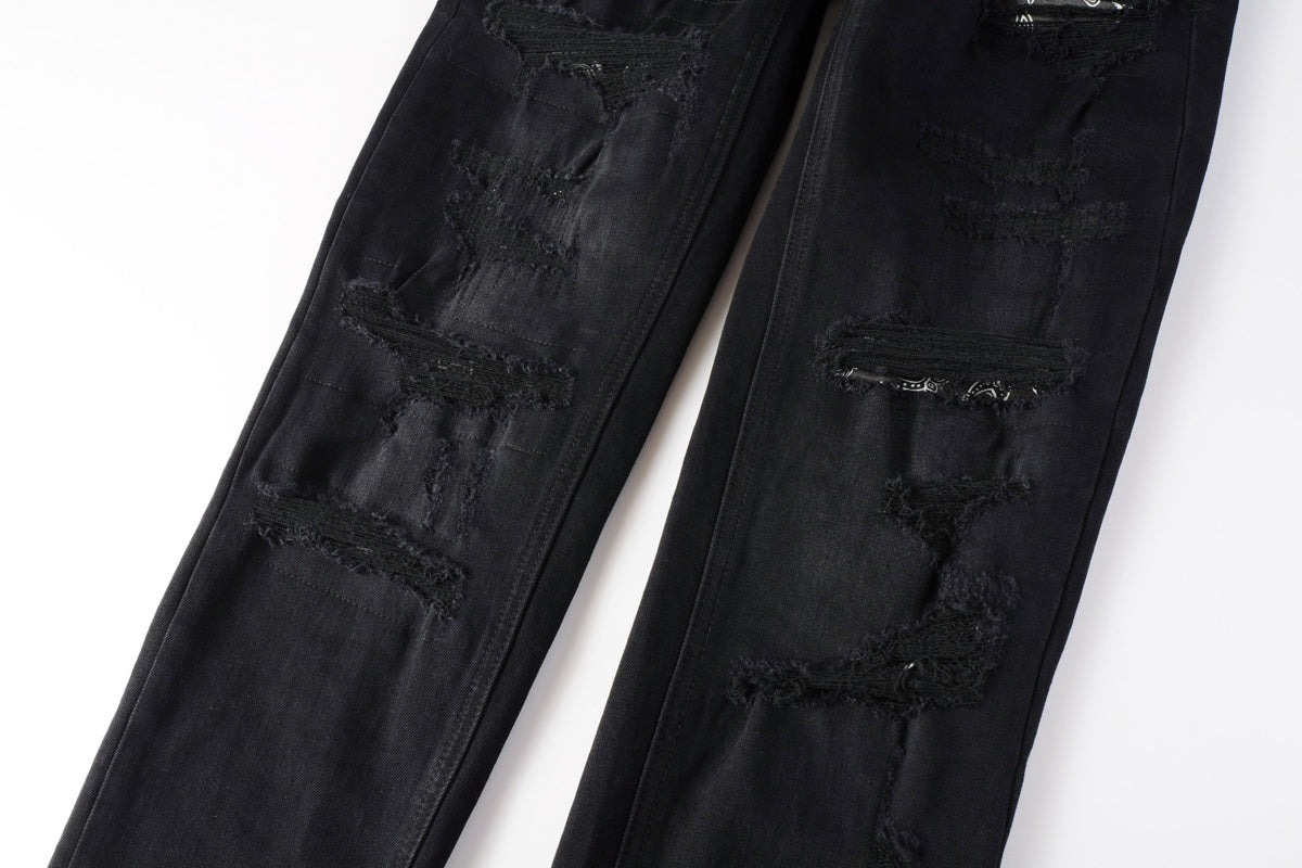 Men's Black Heavy Distressed Bandana Patch Skinny Jeans - Stretch Denim