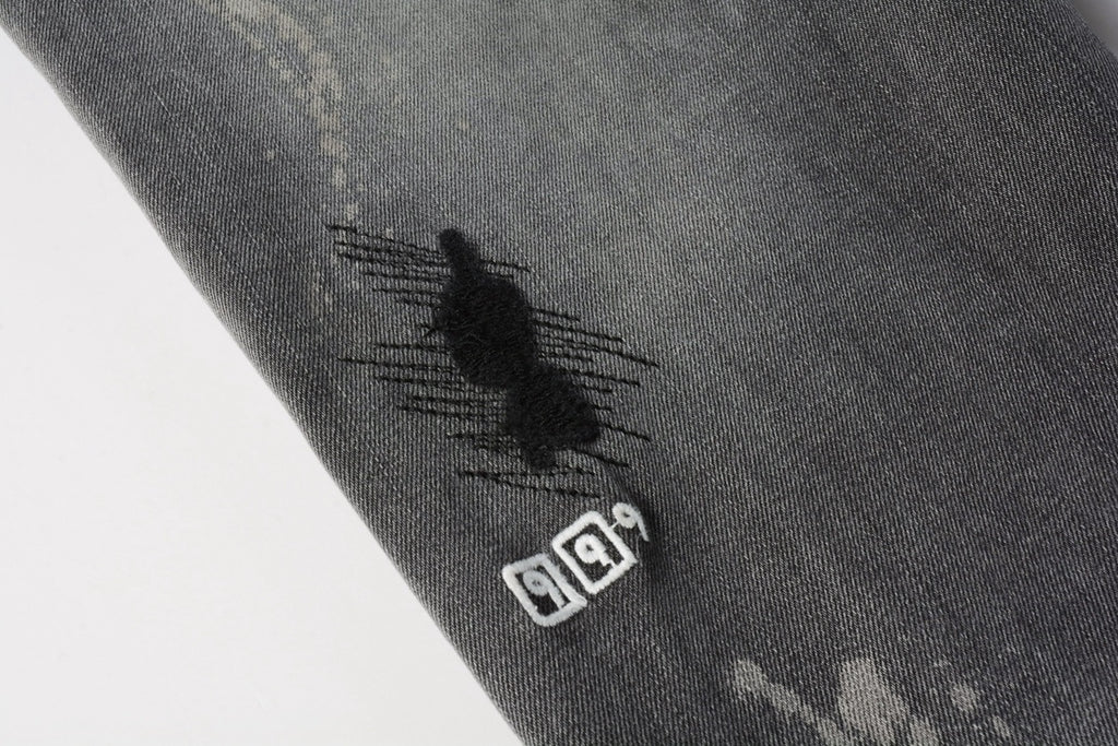Men's Grey Wash Embroidered Distressed Skinny Jeans - Stretch Denim