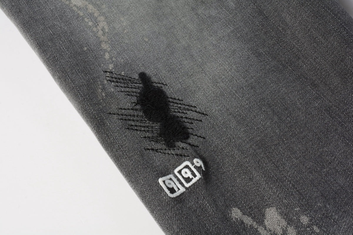 Men's Grey Wash Embroidered Distressed Skinny Jeans - Stretch Denim