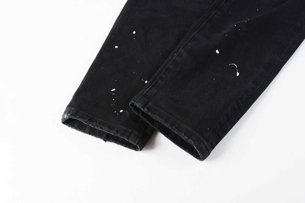 Men's Distressed Black Skinny Jeans with Bandanna Patchwork, Ripped Holes & Button Fly