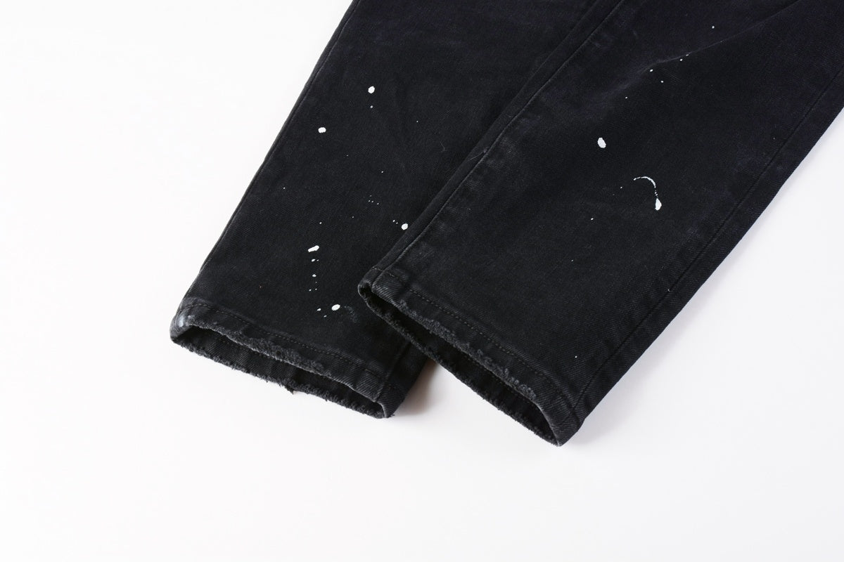 Men's Distressed Black Skinny Jeans with Bandanna Patchwork, Ripped Holes & Button Fly
