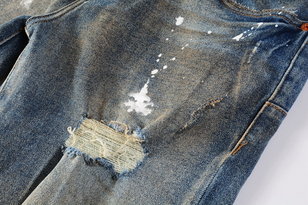 Men's Blue High Street Distressed Dirty Damaged Holes Stretch Slim Fit Ripped Jeans