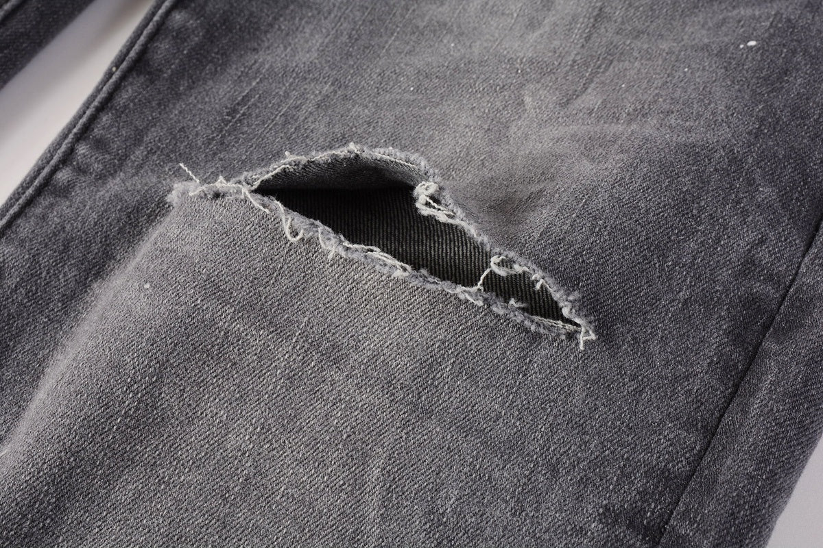 Men's Slim Fit Distressed Gray Damaged Holes Graffiti Stretch Ripped Jeans